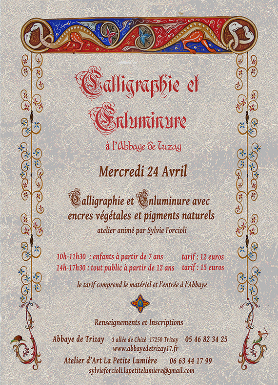 Atelier enfant adulte calligraphie enluminure 24 avril 2019 abbaye de Trizay